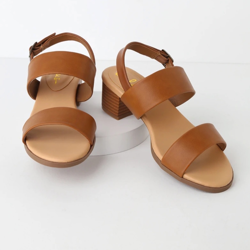 Lulu's Tan Block Heel Double-Strap Sandals